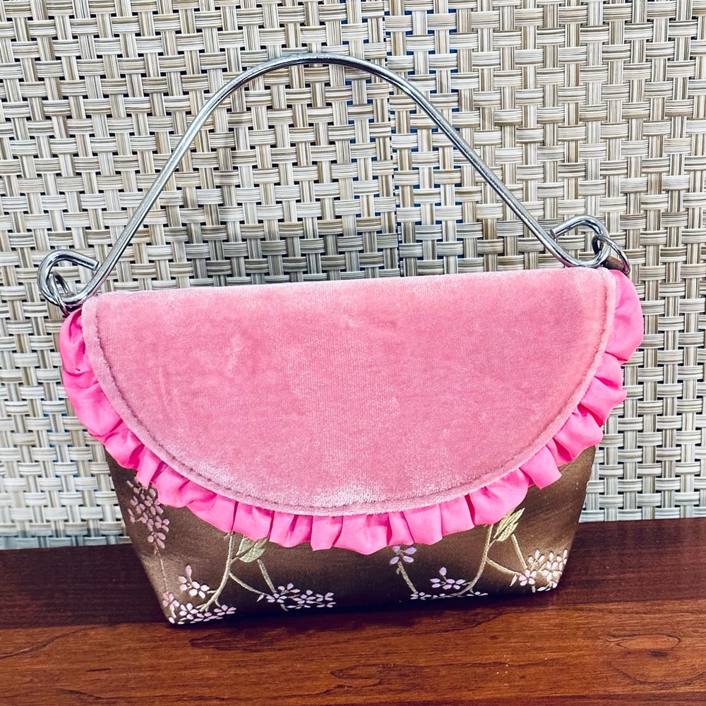 🌟3xHP🌟NWOT Asian Inspired Khaki & Pink Silk Brocade Top Handle Purse Yans NY